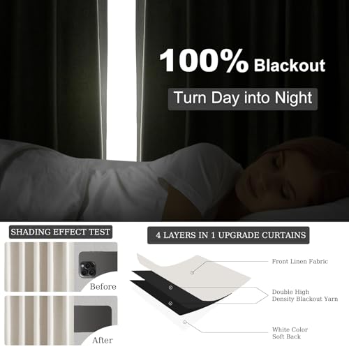 Linen Blackout Curtains 96 Inch Long - Thermal Drapes, 2 Panels (52" x 96")
