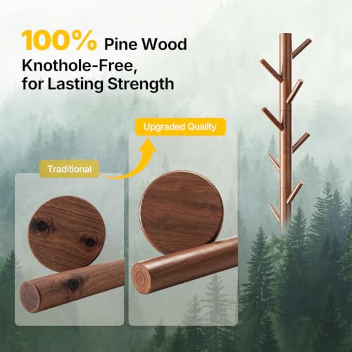 Solid Wood Freestanding Coat Rack with 8 Hooks and Adjustable Height
