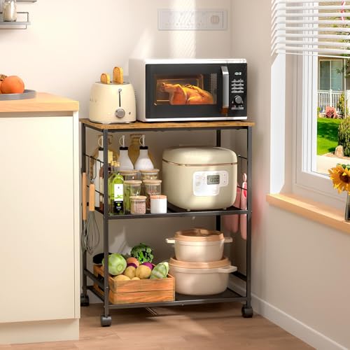 3-Tier Rolling Kitchen Microwave Cart with Lockable Wheels & Hooks
