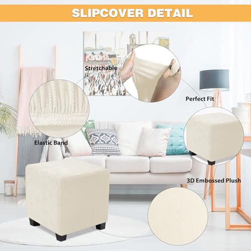 Small Square Ottoman Cover - Stretch Jacquard Slipcover, Beige