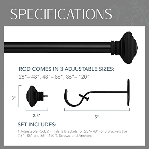 Adjustable Single Curtain Rod with Stacked Square Finials, Antique Black