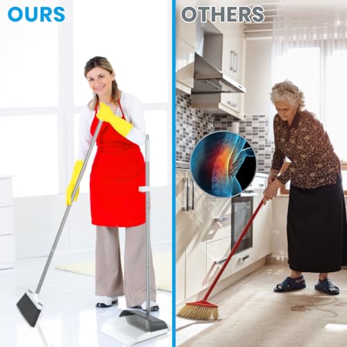 Stand Up Dustpan and Broom Set - 50" Ergonomic Long Handle Broom with Comb