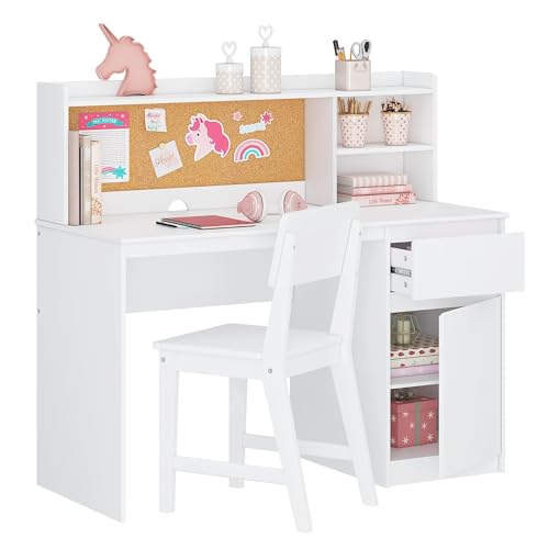 Kids Study Desk and Chair Set with Hutch, Storage, and Bulletin Board