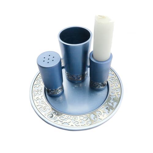 4-Piece Blue Anodized Aluminum Havdalah Set with Filigree Accents