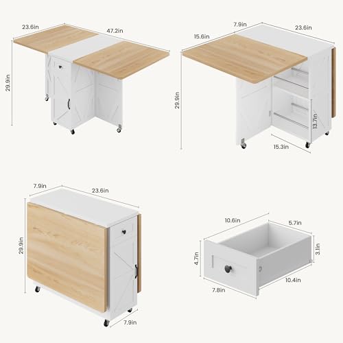 Folding Dining Table for Small Spaces with Storage, Drawer and Wheels