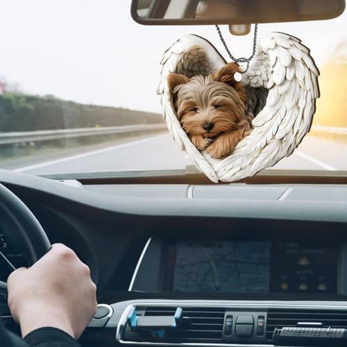 Wooden Dog Car Hanging Ornament Angel Wings Rearview Mirror Decor - Christmas Gift