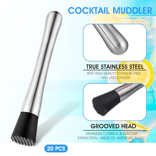Stainless Steel Cocktail Muddler Set - 20 Pcs Bar Tool Kit for Drinks & Mojitos
