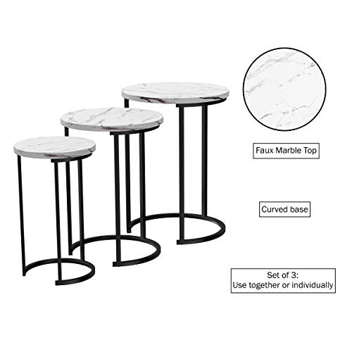 3-Piece Round Nesting Side Table Set, Faux Marble Top with Metal Base