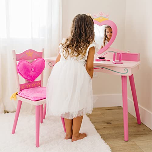 Kids Wooden Vanity and Chair Set with Mirror and Jewelry Storage - Pink