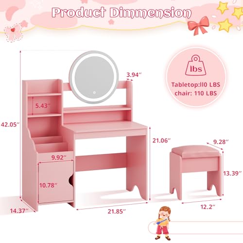 Kids Vanity Table and Chair Set with Lights, Storage Shelves and Mirror