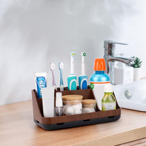 7-Slot Wood Bathroom Toothbrush Holder with Drain Holes - Countertop Organizer