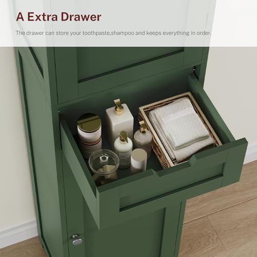 Tall Narrow Bathroom Storage Cabinet with 2 Doors and 1 Drawer, Forest Green