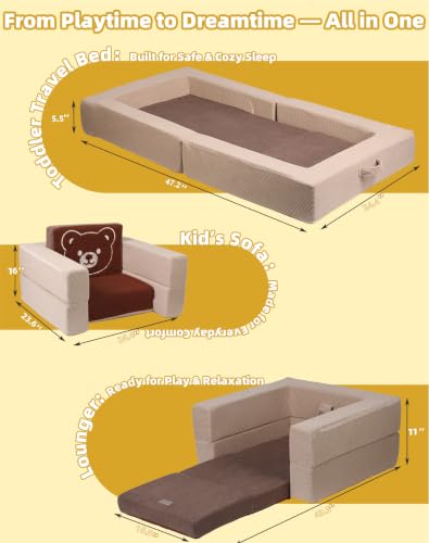3-in-1 Convertible Toddler Sofa Bed with Bear Pattern - Portable Foam Couch