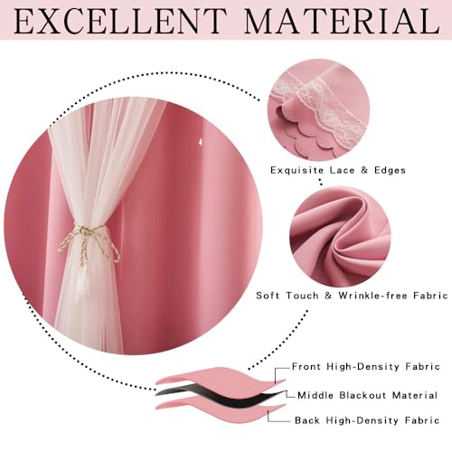 Pink Blackout Curtains with Star Cutouts, 63-Inch Double Layer Nursery Drapes