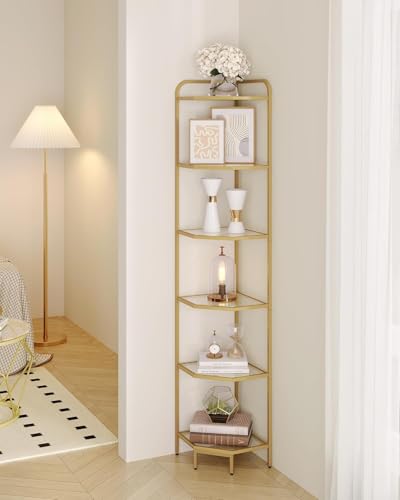 6-Tier Corner Shelf with Tempered Glass and Gold Steel Frame