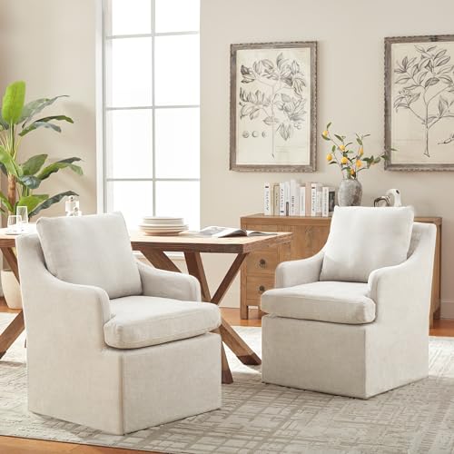 Upholstered Rolling Dining Chairs with Armrests - Set of 2, Cream