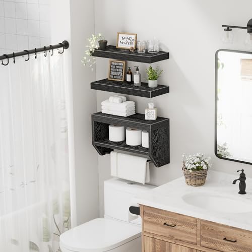 Floating Bathroom Wall Shelves - 16-Inch Wood Farmhouse Storage Set of 3