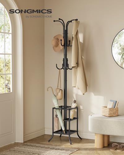 Freestanding Metal Coat Rack with 12 Hooks and Umbrella Holder