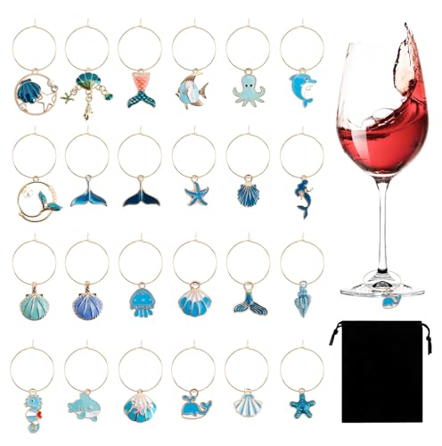 Ocean Wine Glass Charms Set - 24 PCS Stem & Champagne Glass Identifier Rings for Weddings & Parties