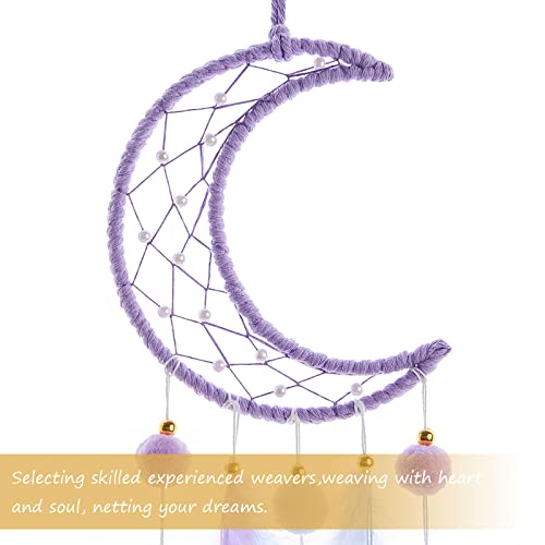 Purple Moon Dream Catcher for Kids Room Wall Decor with Feathers and Pompoms