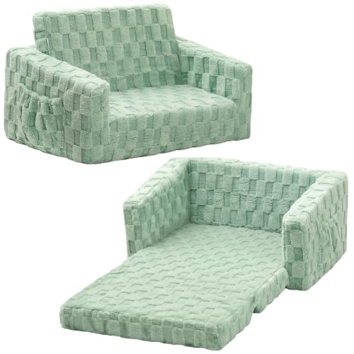 2-in-1 Fold-Out Toddler Couch and Lounger, Soft Flannel Kids Sofa - Green
