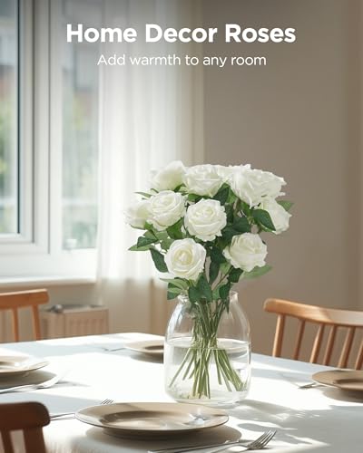 50 Pcs White Artificial Silk Roses with Long Stems - Wedding Decor