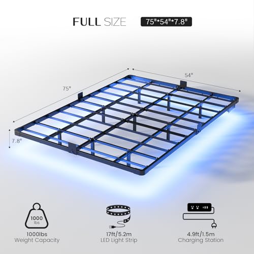 Full Size Floating Metal Platform Bed Frame with LED Lights & Charging Station