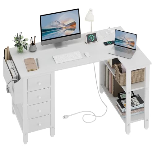 White 47-Inch L-Shaped Corner Computer Desk with Outlets & Drawers