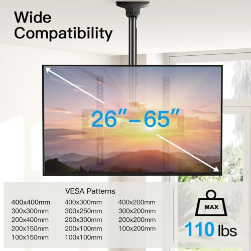 Adjustable Ceiling TV Mount for 26-65 Inch Flat Screen Displays, 110lbs Capacity
