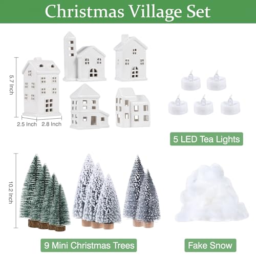 White Ceramic Christmas Village Set - 5 Houses, 9 Mini Trees & Snow