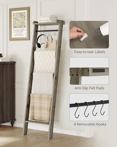 6-Tier Blanket Ladder Shelf, Rustic Farmhouse Quilt Rack with Hooks