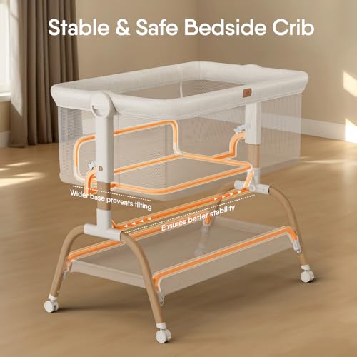 3-in-1 Bedside Bassinet Sleeper for Newborns - 6-Height Adjustable Crib, Beige