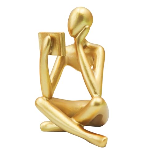 Gold Reading Woman Statue, Abstract Thinker Sculpture for Home Decor