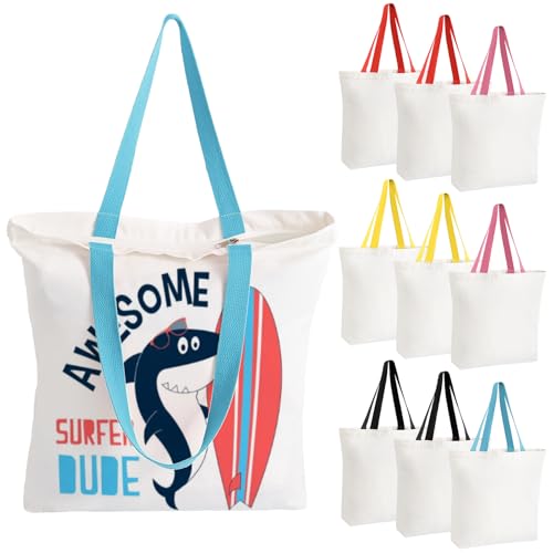 OLSUNOR 10-Pack Multicolor Canvas Tote Bags with Zipper, Reusable Grocery Bags
