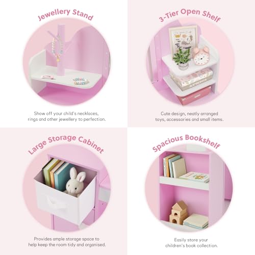 Kids Vanity Table and Chair Set with LED Lighted Mirror and Storage Cabinet