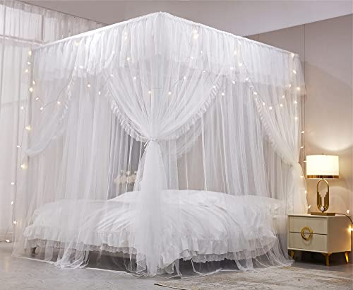 4 Poster Ruffle Princess Bed Canopy Curtain - Double Layer Mosquito Net