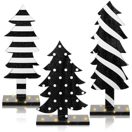 Meooeck 3 Pcs Wooden Christmas Tree Decorations with Bases – Rustic Tabletop Signs
