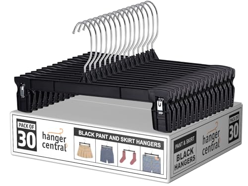 12-Inch Plastic Pants Hangers with Clips 30-Pack - Black