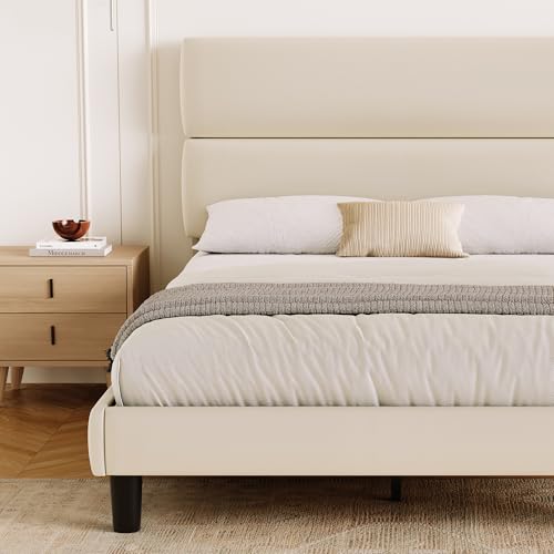 Queen Upholstered Platform Bed Frame with Adjustable Velvet Headboard, Beige