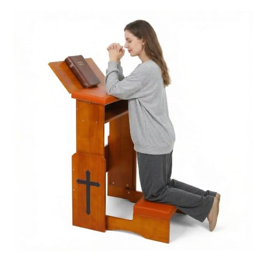 Folding Prayer Kneeler Bench with Bookshelf - Adjustable Wooden Prayer Stool
