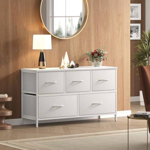 OLIXIS White 5-Drawer Dresser Chest with Wooden Top and Fabric Bins