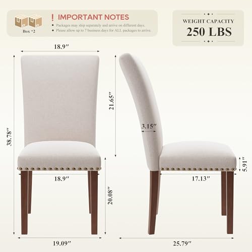 Upholstered Dining Chairs Set of 4, Beige Linen Parsons Chairs with Nailhead