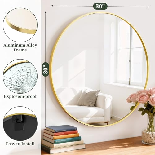 SageNest 30 Inch Gold Round Wall Mirror with Metal Frame - Modern Vanity, Entryway & Bathroom Decor