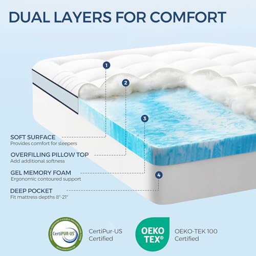 4 Inch Gel Memory Foam Mattress Topper Queen - Dual Layer Pillow Top