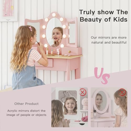 Kids Vanity Set with LED Mirror and Chair - Wooden Makeup Desk for Girls