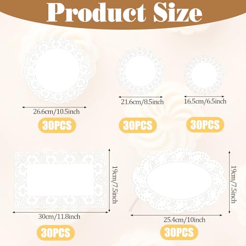 150-Piece Paper Lace Doilies Set, Assorted Round, Oval and Rectangle Sizes