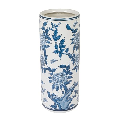Blue and White Ceramic Umbrella Stand - 18-Inch Floral Entryway Decor