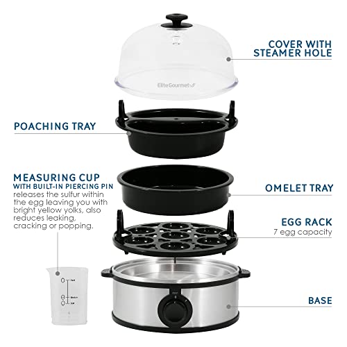 Elite Gourmet EGC648 Easy Electric Poacher, Omelet Eggs & Soft, Medium, Hard-Boiled Egg Boiler Cooker with Auto Shut-Off and Buzzer, Measuring Cup Included, BPA Free, Stainless Steel 7 Egg
