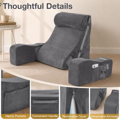 Adjustable 15-25 Inch Reading Pillow with Armrests - Dark Grey