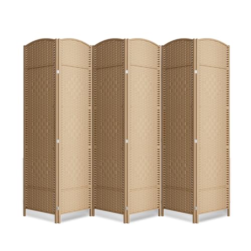 6-Panel Woven Room Divider, 6ft Tall Folding Privacy Screen, Light Beige